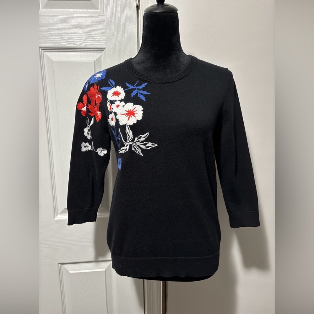 Lord & Taylor Black Crewneck Sweater with Red, White & Blue Floral Embroidery